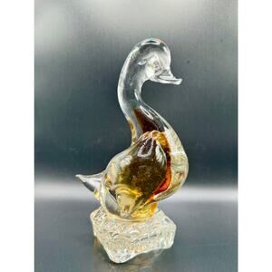 Vintage Murano Style Amber Art Glass Duck Sculpture – Textured Base – 7.5” Tall